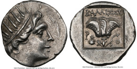 CARIAN ISLANDS. Rhodes. Ca. 88-84 BC. AR drachm (15mm, 11h). NGC Choice XF. Plinthophoric standard, Callixei(nus), magistrate. Radiate head of Helios ...
