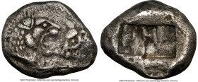 LYDIAN KINGDOM. Croesus (561-546 BC). AR half-stater or siglos (16mm, 4.85 gm). NGC Choice VF 5/5 - 3/5. Croeseid standard, Sardes. Confronted forepar...