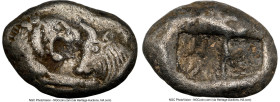 LYDIAN KINGDOM. Croesus (561-546 BC). AR half-stater or siglos (16mm, 5.22 gm). NGC VF 5/5 - 3/5. Croeseid standard, Sardes. Confronted foreparts of l...