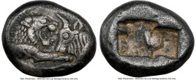 LYDIAN KINGDOM. Croesus (561-546 BC). AR third-stater (13mm, 3.51 gm). NGC XF 5/5 - 4/5. Croeseid standard, Sardes. Confronted foreparts of lion facin...