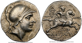 PHRYGIA. Cibyra. Ca. 2nd-1st centuries BC. AR drachm (16mm, 11h). NGC AU. Head of Cibyras in crested Attic helmet right / ΚΙΒΥΡΑΤΩΝ, Cibyras charging ...