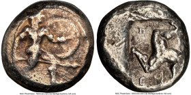 PAMPHYLIA. Aspendus. Ca. mid-5th century BC. AR stater (19mm, 6h). NGC VF. Helmeted nude hoplite advancing right, shield in left hand, spear forward i...