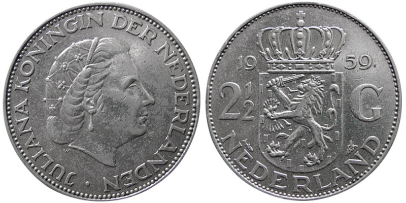 NETHERLAND, Juliana, 1959. Silver 2 ½ Gulden (14.92 gm; 32 mm). dated 1959, Obv:...