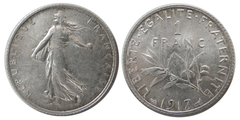 FRANCE, Republic. 1917, Silver One Franc (4.98 gm; 22 mm). Choice UNC. Lustrous.