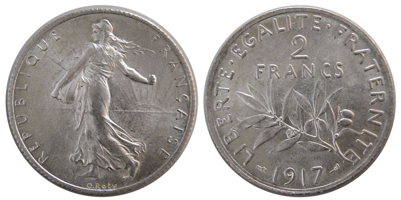 FRANCE, REPUBLIC. 1917. Silver Two francs (9.98 gm; 27 mm). Choice UNC. Fully lu...