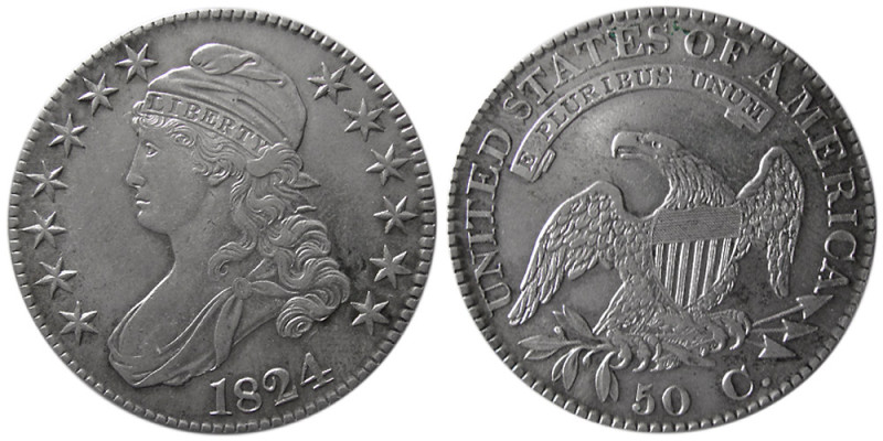 UNITED STATES, 1824. Capped Bust. Half Dollar. Choice AU / UNC. Lightly toned.