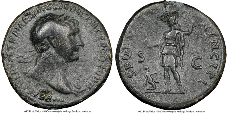 Trajan (AD 98-117). AE sestertius (33mm, 6h). NGC Fine, scuffs. Rome, AD 103-111...