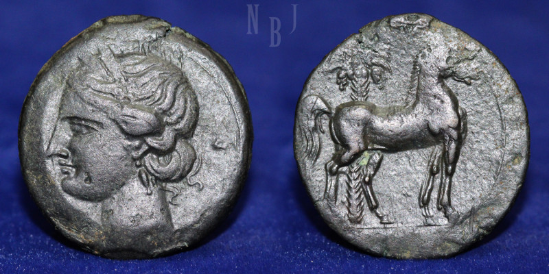 CARTHAGE: Second Punic War. Circa 220-215 BC. AE 3 Shekels, Head of Tanit left, ...