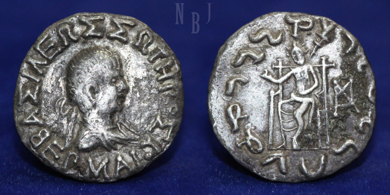 INDO-GREEK: Hermaios, c. 90-70 BCE, AR Tetradrachm. Obverse: Diademed bust of ki...