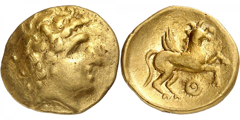 GAULE
Médiomatrique (III-IIème siècle av. J.C.). Quart de statère d’or au pégas...