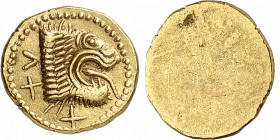 GRECE ANTIQUE
Étrurie, Populonia (ca. 300-250 av. J.C.). 25 as d’or.
Av. ΛXX Tête de lion à droite, gueule ouverte, langue pendante. Rv. Lisse. 
Hi...
