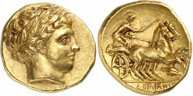 GRECE ANTIQUE
Macédoine, Philippe II (359-336 av. J.C.). Statère d’or Amphipolis, frappé sous Philippe II ou Alexandre III, ca. 340-328 J.C.
Av. Têt...