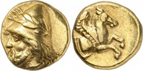 GRECE ANTIQUE
Mysie, Lampsaque (ca. 340 av. J.C.). Statère d’or.
Av. Tête à gauche d’un cabire barbu, coiffé d’un piloportant une couronne de laurie...