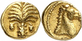 GRECE ANTIQUE
Zeugitane, Carthage (350-320 av. J.C.). 1/10e de statère d’or.
Av. Palmier avec un régime de dattes de chaque côté. Rv. Buste de cheva...