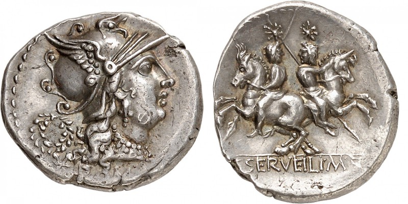 RÉPUBLIQUE ROMAINE 
C. Serveilius M.f. Denier 136 av. J.C., Rome.
Av. Tête cas...