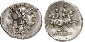 RÉPUBLIQUE ROMAINE 
C. Serveilius M.f. Denier 136 av. J.C., Rome.
Av. Tête casquée à droite. Rv. Dioscuri galopant dans des directions opposées.
Cr...