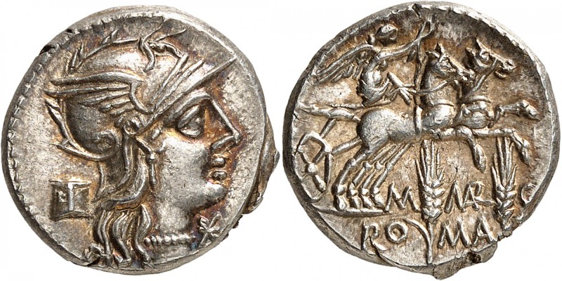 RÉPUBLIQUE ROMAINE 
Marcia (134 av. J.C.). Denier.
Av. Tête casquée de Rome à ...