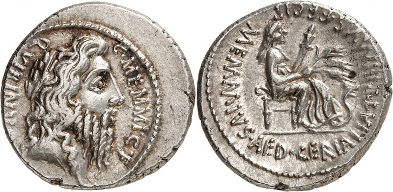 RÉPUBLIQUE ROMAINE 
C. Memmius C. f. Denier 56, Rome.
Av. Tête laurée de Romul...