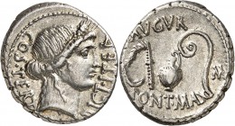 EMPIRE ROMAIN
Jules César (60-44 av. J.C.). Denier 46 av. J.C., Utique. 
Av. COS. TERT - DICT. ITER. Tête de Cérès à droite, portant boucles d’oreil...