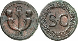 EMPIRE ROMAIN
Drusus (19-23 av. J.C.). Sesterce, Rome.
Av. Deux cornes d’abondance entrecroisées terminées par deux têtes d’enfants, Germanicus et T...