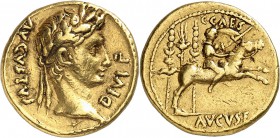 EMPIRE ROMAIN
Octave Auguste (27 av. J.C. - 14 ap. J.C.). Aureus, Lyon.
Av. Buste lauré à droite. Rv. Caius César galopant à droite.
Cal. 174a. 7,9...