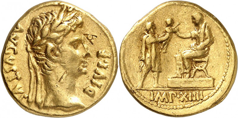 EMPIRE ROMAIN
Octave Auguste (27 av. J.C. - 14 ap. J.C.). Aureus, Lyon.
Av. Bu...
