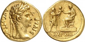 EMPIRE ROMAIN
Octave Auguste (27 av. J.C. - 14 ap. J.C.). Aureus, Lyon.
Av. Buste lauré à droite. Rv. Personnage gaulois ou germanique présentant un...