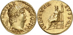 EMPIRE ROMAIN
Néron (54-68). Aureus 64-65, Rome.
Av. Buste lauré à droite. Rv. Jupiter assis à gauche.
C. 412. 7,40 grs.
Flan court, presque Super...
