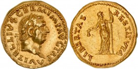 EMPIRE ROMAIN
Vitellius (69). Aureus.
Av. Tête à droite. Rv. Libertas à droite.
Cal. 562. 7,32 grs.
Très rare, surtout dans cette qualité, infime ...