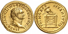 EMPIRE ROMAIN
Domitien (81-96). Aureus 80, Rome.
Av. Tête laurée à droite. Rv. Casque sur un trône.
Cal. 920var. 7,16 grs.
Deux petits chocs à l'a...