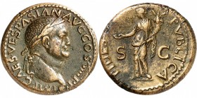 EMPIRE ROMAIN
Vespasien (69-79). As 71, Lyon.
Av. Tête laurée à droite. Rv. Fides debout à gauche.
RIC. 1164. 12,62 grs.
TTB à Superbe