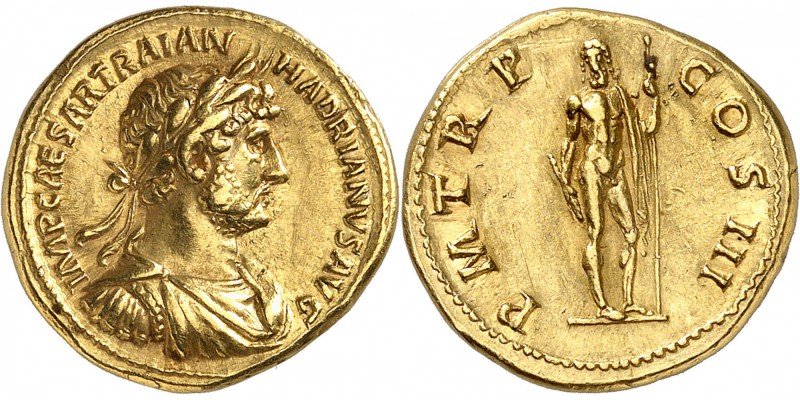 EMPIRE ROMAIN
Hadrien (117-138). Aureus 119-122, Rome.
Av. Buste drapé et laur...