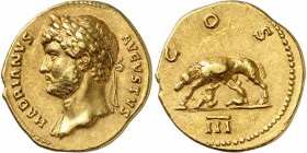 EMPIRE ROMAIN
Hadrien (117-138). Aureus 125-128, Rome.
Av. Buste lauré à gauche. Rv. La louve allaitant Rémus et Romulus.
Cal. 1235. 7,36 grs.
Peu...