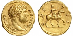EMPIRE ROMAIN
Hadrien (117-138). Aureus 125-128, Rome.
Av. Buste lauré à droite. Hadrien à cheval à droite.
Cal. 1216. 7,23 grs.
TTB à Superbe...