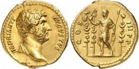 EMPIRE ROMAIN
Hadrien (117-138). Aureus 129-131, Rome.
Av. Buste drapé à droite. Rv. Hadrien en habit militaire debout à gauche, levant la main droi...
