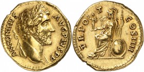 EMPIRE ROMAIN
Antonin le Pieux (138-161). Aureus 145-161, Rome.
Av. Buste lauré à droite. Rv. Rome assise à gauche.
Cal. 1657. 7,21 grs. 
Provenan...