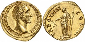 EMPIRE ROMAIN
Antonin le Pieux (138-161). Aureus 150-151, Rome.
Av. Tête nue à droite. Rv. La Paix debout drapé à gauche.
Cal. 1588v. 7,27 grs. 
P...
