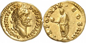EMPIRE ROMAIN
Antonin le Pieux (138-161). Aureus 155-156, Rome.
Av. Tête laurée à droite. Rv. Antonin debout à gauche.
Cal. 1673. 7,27 grs.
TTB à ...