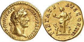 EMPIRE ROMAIN
Antonin le Pieux (138-161). Aureus 159-160, Rome.
Av. Buste lauré à droite. Rv. La Piété debout à gauche, entre deux enfants, portant ...