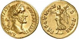 EMPIRE ROMAIN
Antonin le Pieux (138-161). Aureus, Rome.
Av. Buste lauré à droite. Rv. Victoire ailée à gauche.
Cal. 1675. 7,22 grs.
TTB