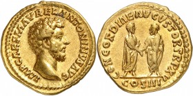 EMPIRE ROMAIN
Lucius Verus (161-169). Aureus 162, Rome.
Av. Buste nu à droite. Rv. Lucius Verus et Aurèle debout se serrant la main.
Cal. 1822. 7,2...