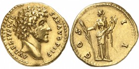 EMPIRE ROMAIN
Marc Aurèle (161-18). Aureus 145-147, Rome.
Av. Buste nu à droite. Rv. L’Hilarité debout à gauche.
Cal. 1839. 7,41 grs.
Beau style, ...