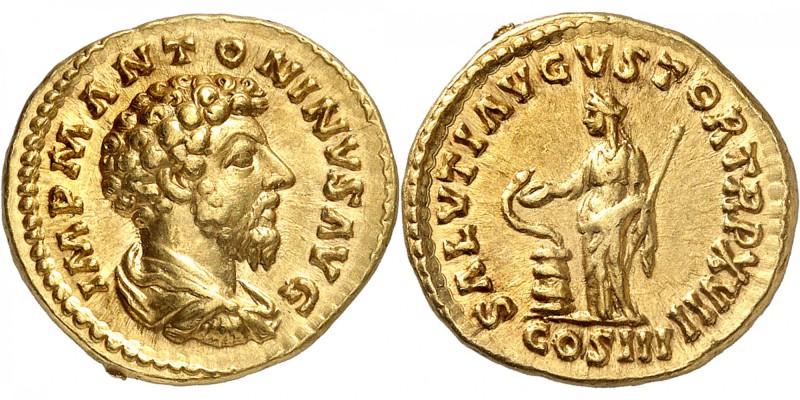 EMPIRE ROMAIN
Marc Aurèle (161-180). Aureus 161-162, Rome.
Av. Buste drapé à d...