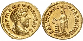 EMPIRE ROMAIN
Marc Aurèle (161-180). Aureus 161-162, Rome.
Av. Buste drapé à droite. Rv. Salus debout à gauche.
Cal. 1850. 7,22 grs.
Très bel exem...