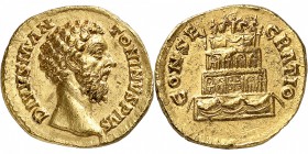 EMPIRE ROMAIN
Marc Aurèle (161-180). Aureus 180, Rome.
Av. Buste nu à droite. Rv. Bûcher funéraire surmonté d’un quadrige.
Cal. 1834. 6,71 grs.
Pe...