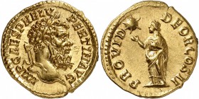 EMPIRE ROMAIN
Pertinax (192-193). Aureus 193, Rome.
Av. Buste lauré à droite. Rv. La Providence debout à gauche.
Cal. 2389a. 7,23 grs.
Une monnaie...
