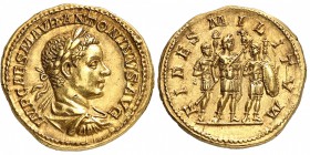 EMPIRE ROMAIN
Elagabale (218-222). Aureus 218-219, Rome.
Av. Buste drapé et lauré à droite. Rv. Elagabale debout entre deux soldats.
Cal. 2994. 7,5...