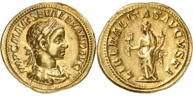 EMPIRE ROMAIN
Alexandre Sévère (222-235). Aureus 222, Rome.
Av. Buste lauré et cuirassé à droite. Rv. La Liberté debout à droite.
Cal. 3066. 6,60 g...