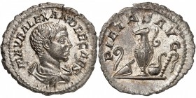 EMPIRE ROMAIN
Alexandre Sévère (222-235). Denier, Rome.
Av. Buste drapé à droite. Rv. Lituus, vase et simpulum.
RIC. 3. 2,03 grs.
Rare, Superbe à ...