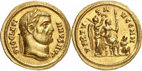 EMPIRE ROMAIN
Diocletien (284-305). Aureus 294-295, Rome.
Av. Buste lauré à droite. Rv. Empereur assis sur le trône, tenant le sceptre et le globe, ...